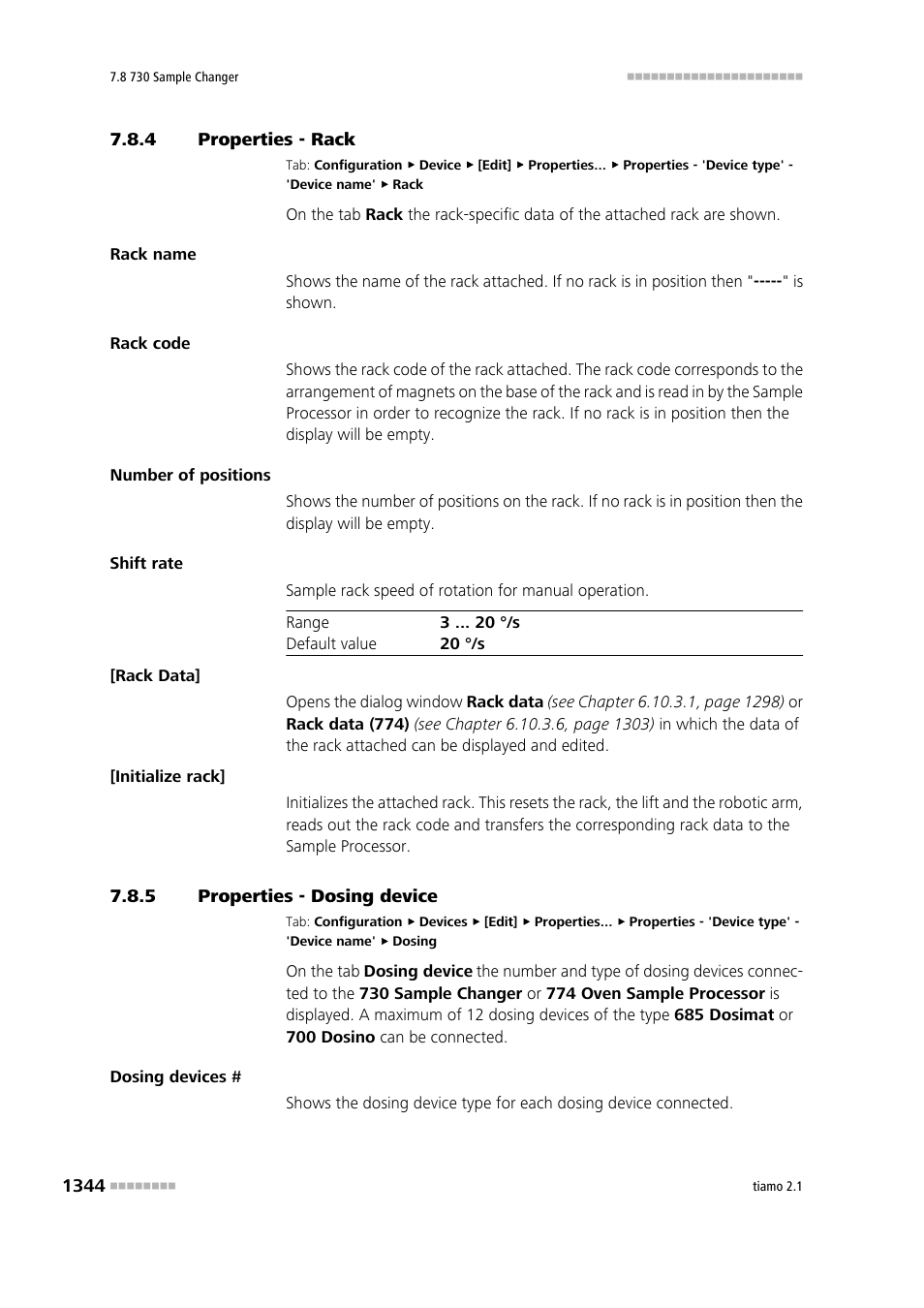 4 properties - rack, 5 properties - dosing device, Properties - rack 4 | Properties - dosing device 4, Properties - rack 9, Properties - dosing device 0, Properties - rack 8, Properties - rack 6, Properties - rack 3, Rack | Metrohm tiamo 2.1 Manual User Manual | Page 1358 / 1532