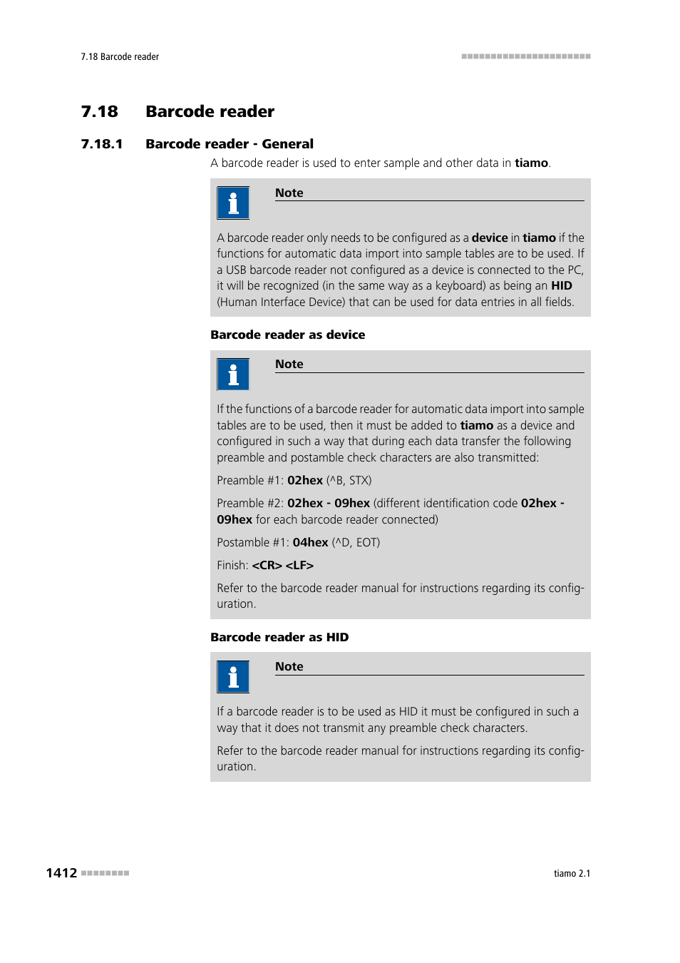 18 barcode reader, 1 barcode reader - general, 18 barcode reader 2 7.18.1 | Barcode reader - general 2, Barcode reader | Metrohm tiamo 2.1 Manual User Manual | Page 1426 / 1532