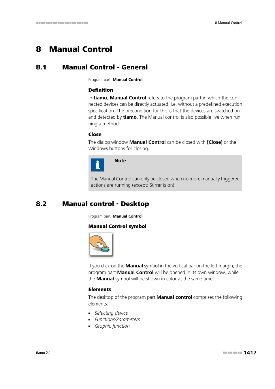 8 manual control, 1 manual control - general, 2 manual control - desktop | Manual control - general 7 | Metrohm tiamo 2.1 Manual User Manual | Page 1431 / 1532