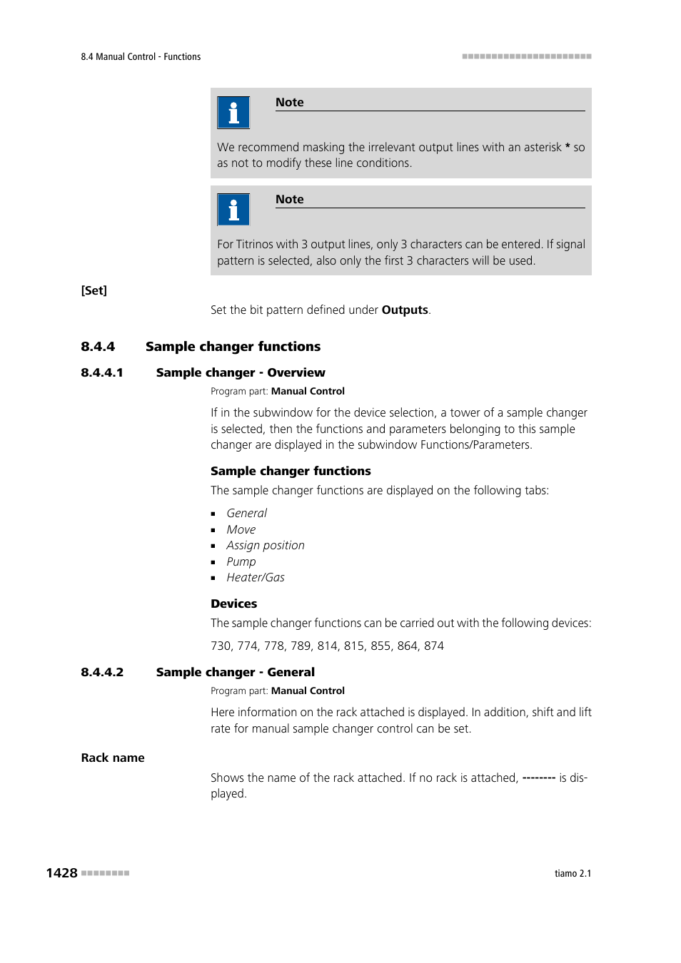 4 sample changer functions, 1 sample changer - overview, 2 sample changer - general | Sample changer functions 8 | Metrohm tiamo 2.1 Manual User Manual | Page 1442 / 1532