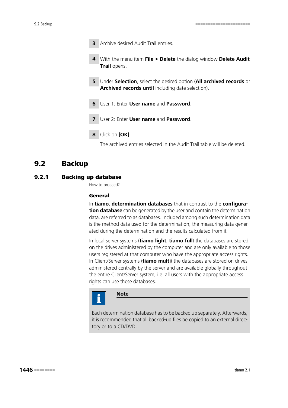 2 backup, 1 backing up database, Backup 6 | Backing up database 6 | Metrohm tiamo 2.1 Manual User Manual | Page 1460 / 1532