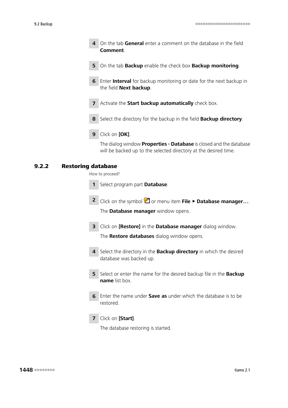 2 restoring database, Restoring database 8 | Metrohm tiamo 2.1 Manual User Manual | Page 1462 / 1532