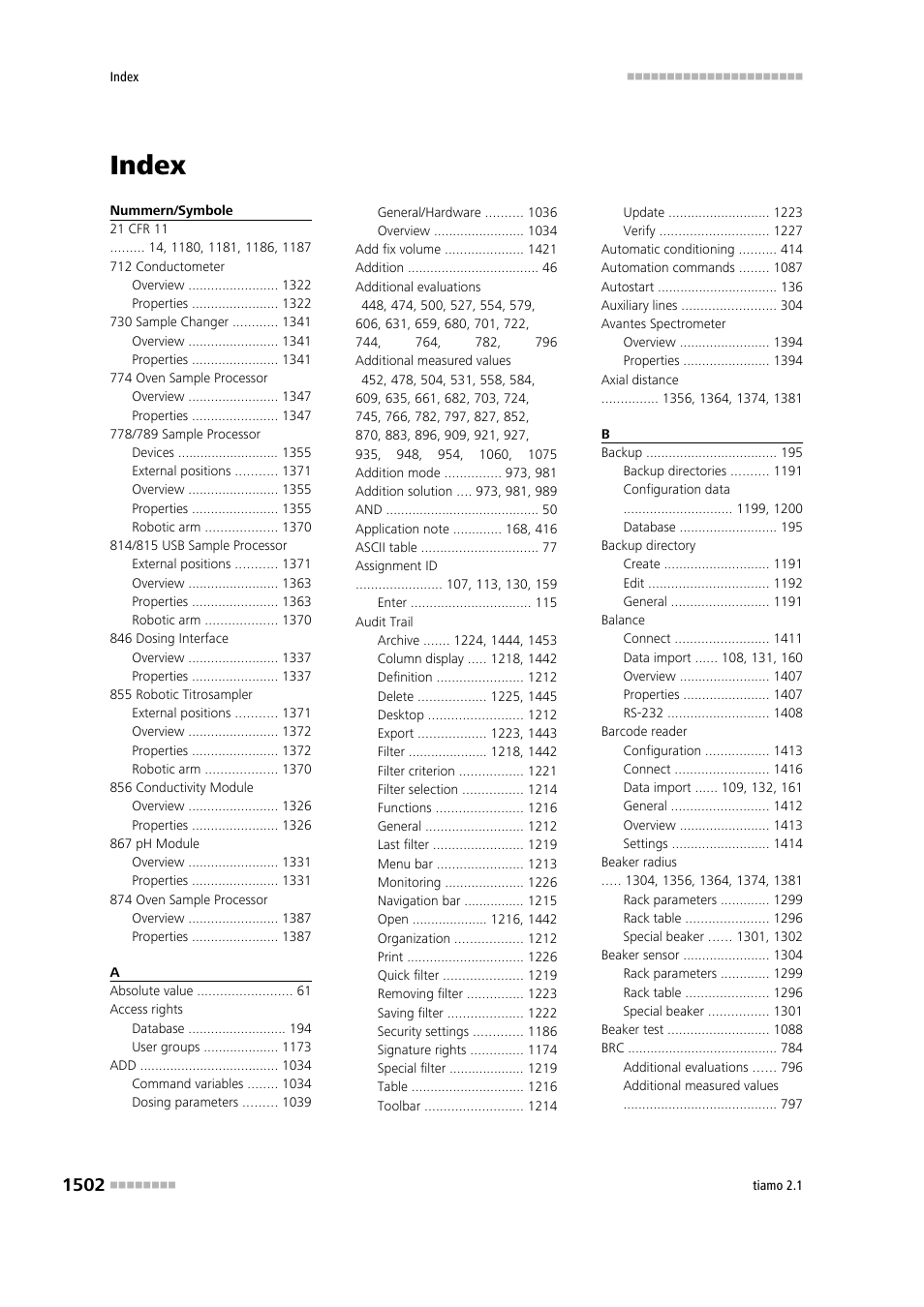 Index | Metrohm tiamo 2.1 Manual User Manual | Page 1516 / 1532