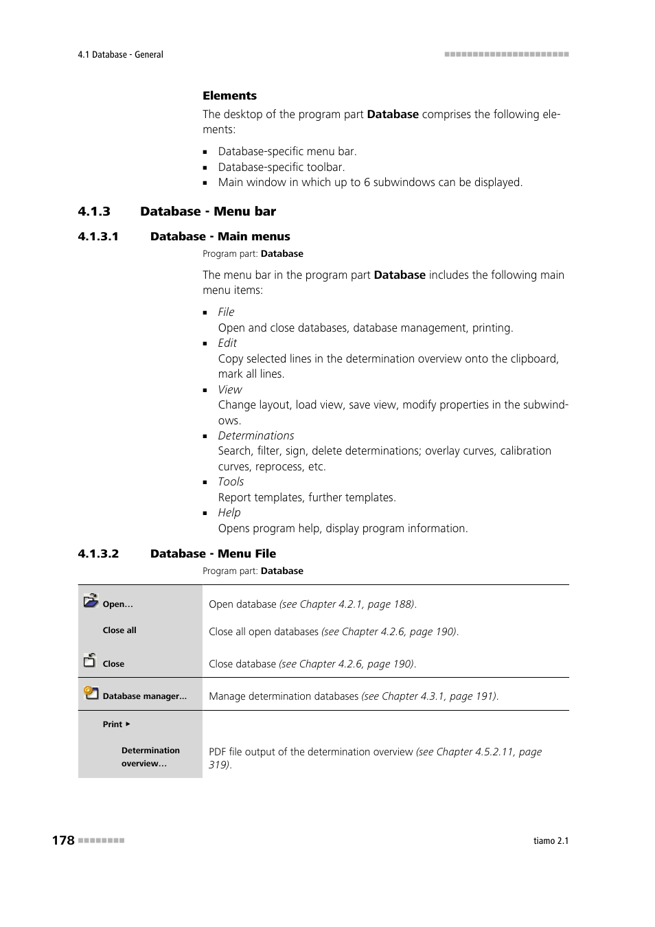 3 database - menu bar, 1 database - main menus, 2 database - menu file | Database - menu bar | Metrohm tiamo 2.1 Manual User Manual | Page 192 / 1532