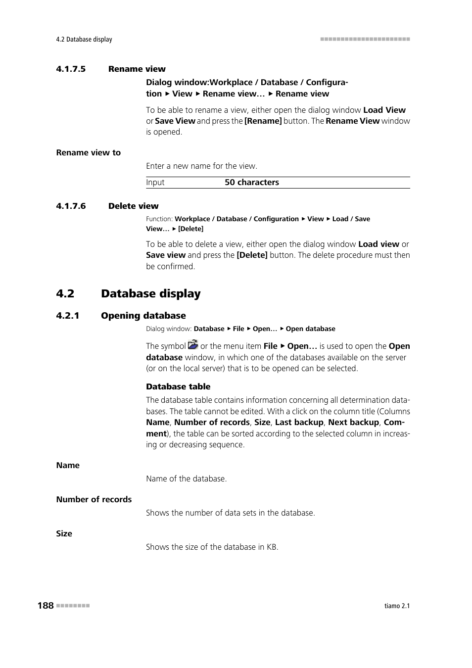 5 rename view, 6 delete view, 2 database display | 1 opening database, Database display, Opening database | Metrohm tiamo 2.1 Manual User Manual | Page 202 / 1532