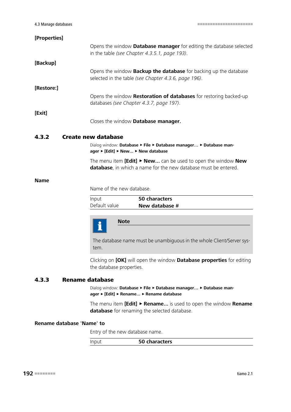 2 create new database, 3 rename database, Create new database | Rename database | Metrohm tiamo 2.1 Manual User Manual | Page 206 / 1532