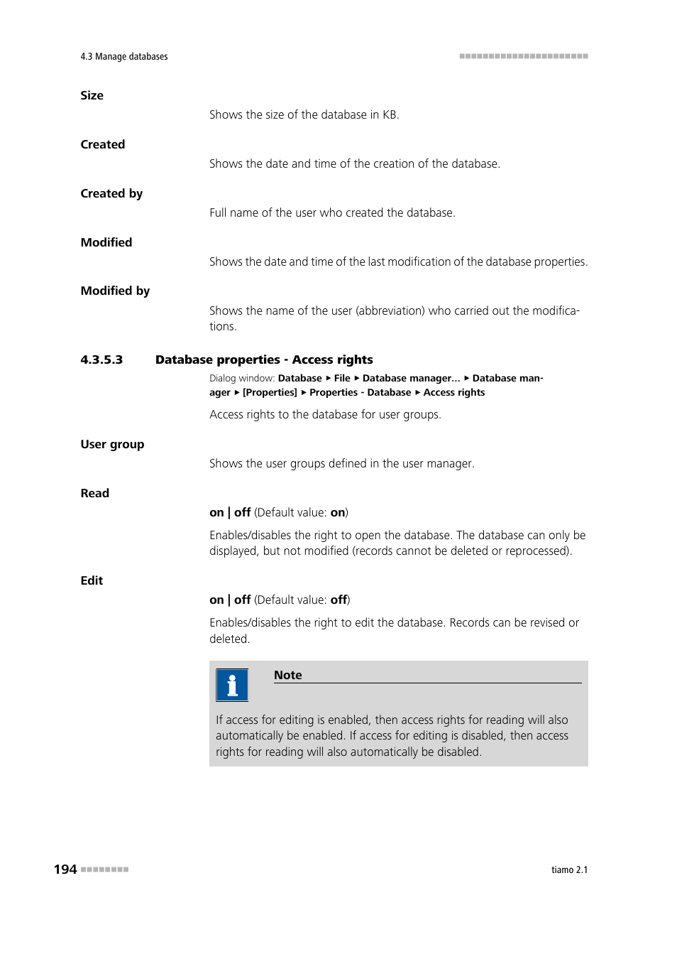 3 database properties - access rights, Access rights | Metrohm tiamo 2.1 Manual User Manual | Page 208 / 1532