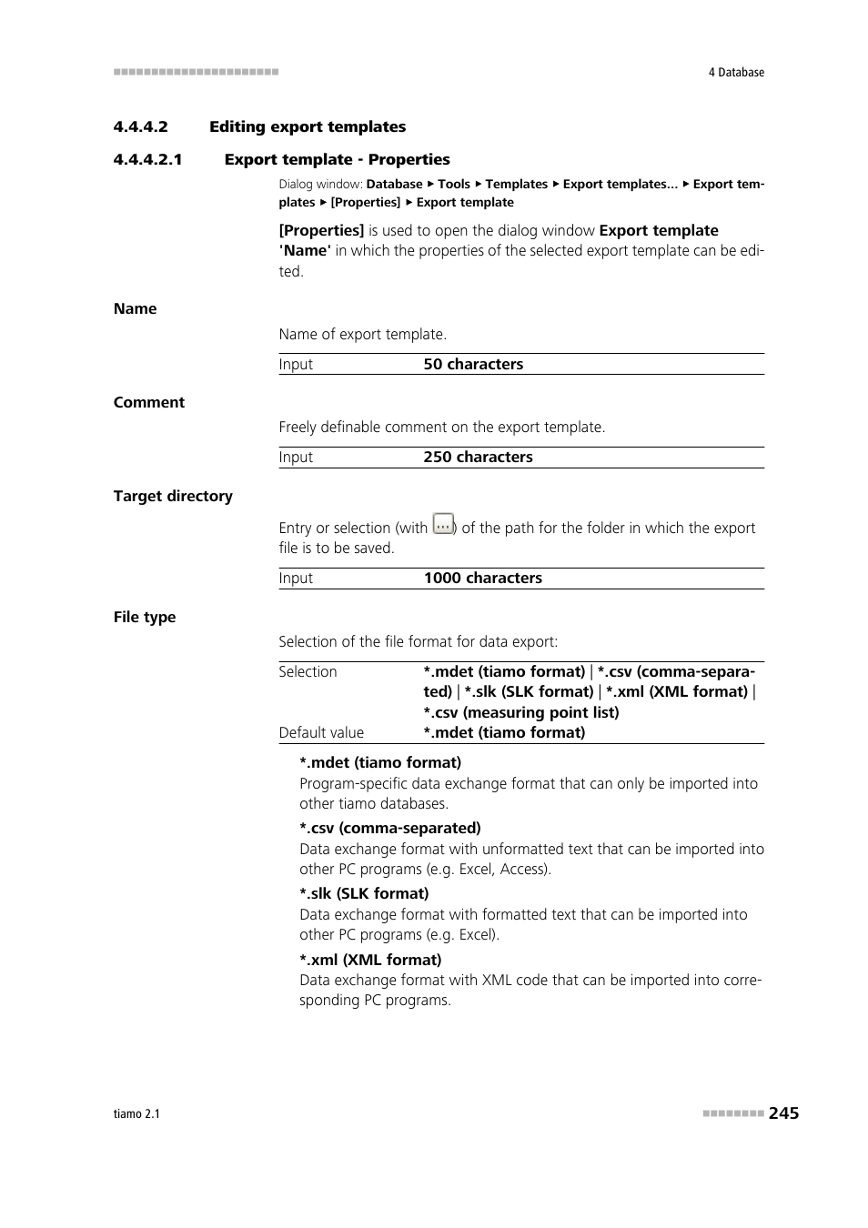 2 editing export templates, 1 export template - properties | Metrohm tiamo 2.1 Manual User Manual | Page 259 / 1532