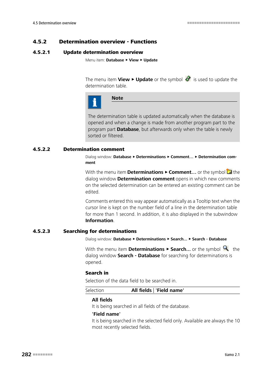 2 determination overview - functions, 1 update determination overview, 2 determination comment | 3 searching for determinations, Determination overview - functions, Update determination overview, Enter determination comment, Search determinations | Metrohm tiamo 2.1 Manual User Manual | Page 296 / 1532