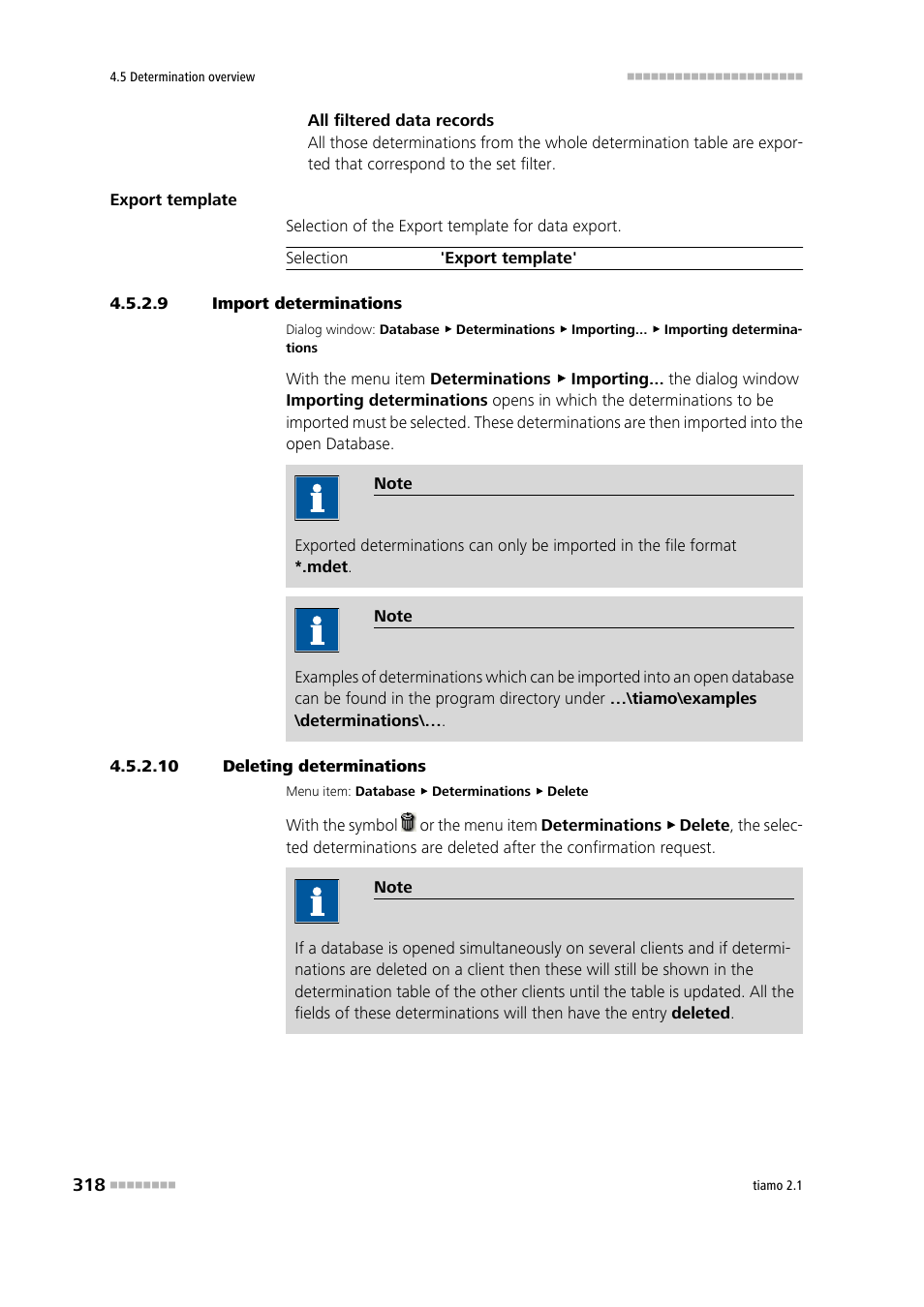 9 import determinations, 10 deleting determinations, Import determinations | Delete determinations | Metrohm tiamo 2.1 Manual User Manual | Page 332 / 1532