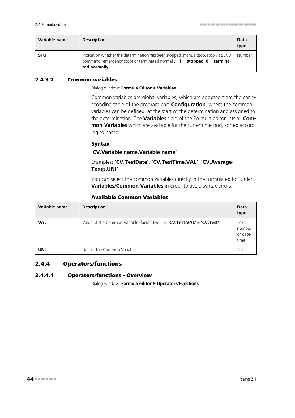 7 common variables, 4 operators/functions, 1 operators/functions - overview | Operators/functions | Metrohm tiamo 2.1 Manual User Manual | Page 58 / 1532