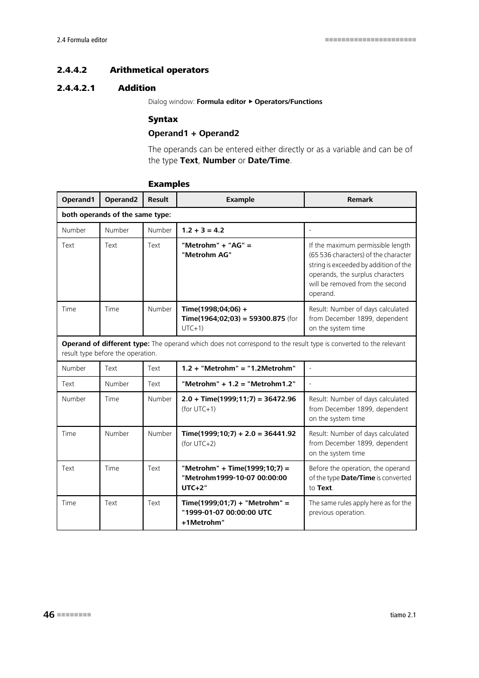 2 arithmetical operators, 1 addition, Addition | Metrohm tiamo 2.1 Manual User Manual | Page 60 / 1532