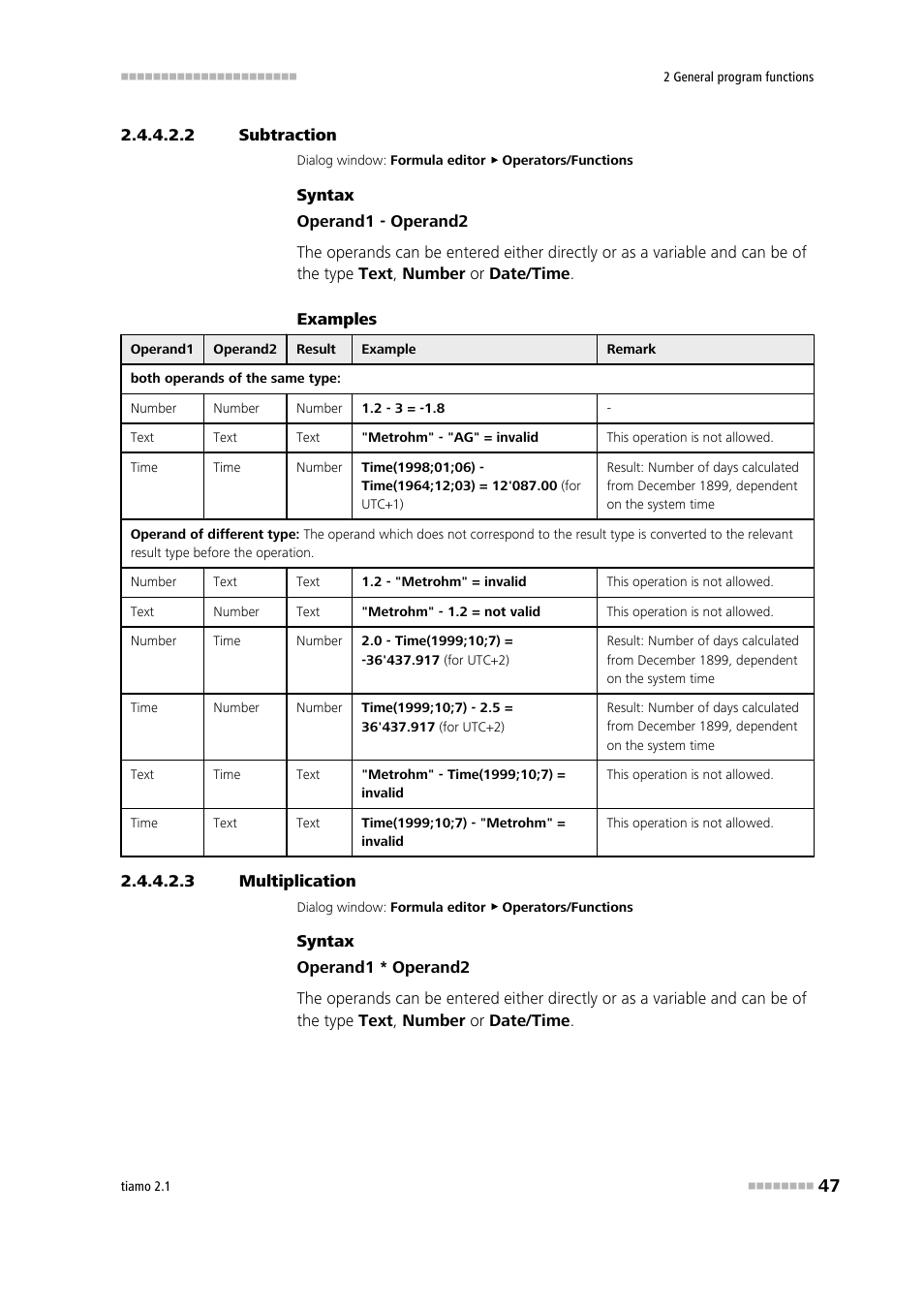 2 subtraction, 3 multiplication, Subtraction | Multiplication, Subtraction (-) | Metrohm tiamo 2.1 Manual User Manual | Page 61 / 1532