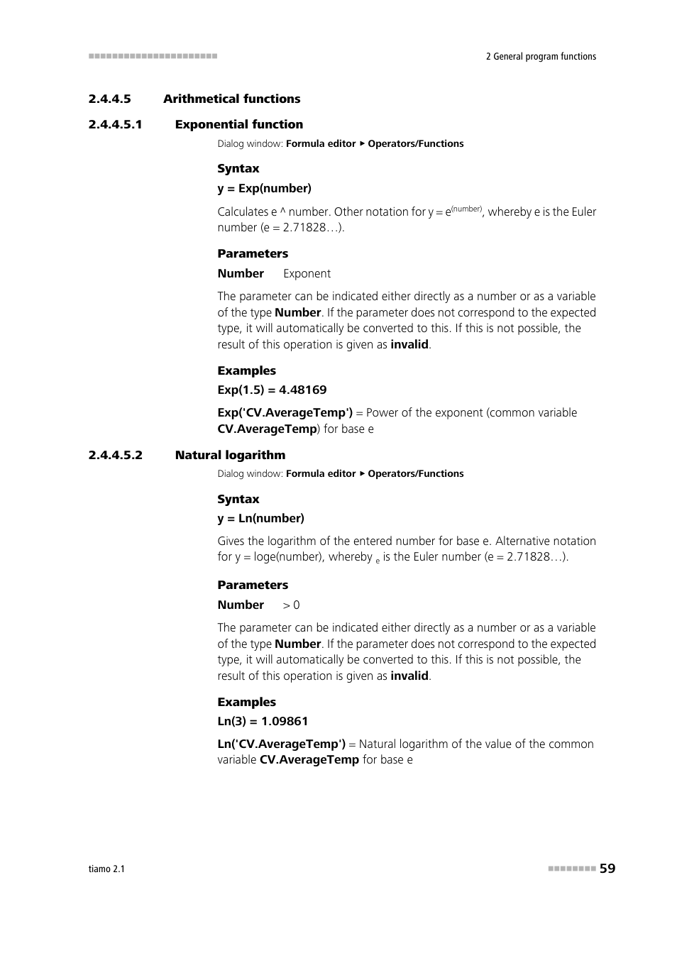 5 arithmetical functions, 1 exponential function, 2 natural logarithm | Exponential function, Natural logarithm | Metrohm tiamo 2.1 Manual User Manual | Page 73 / 1532