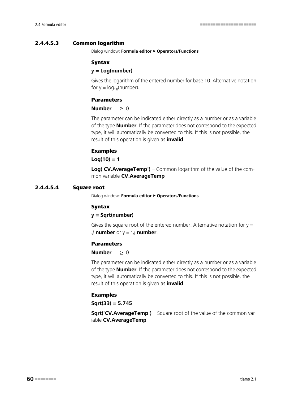 3 common logarithm, 4 square root, Common logarithm (log) | Square root (sqrt) | Metrohm tiamo 2.1 Manual User Manual | Page 74 / 1532