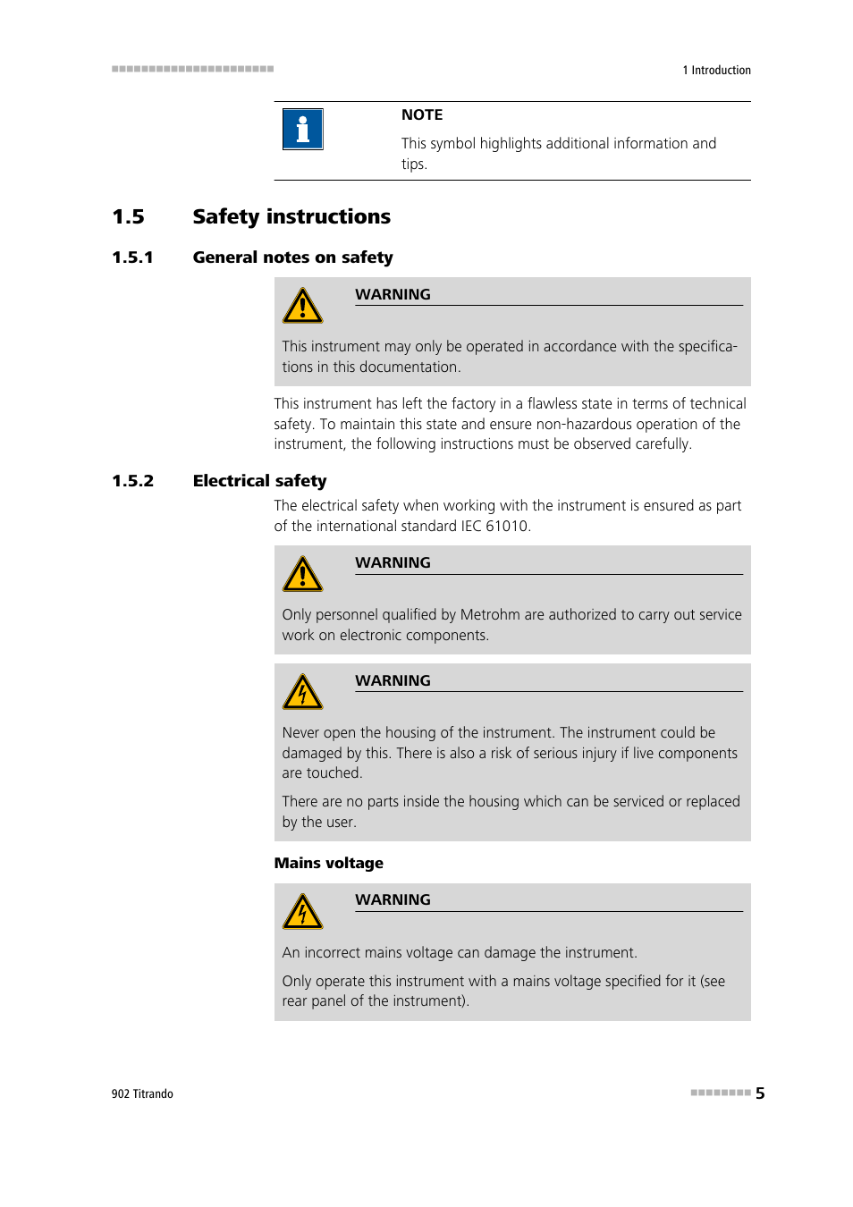 5 safety instructions, 1 general notes on safety, 2 electrical safety | Safety instructions, General notes on safety, Electrical safety | Metrohm 902 Titrando User Manual | Page 13 / 52