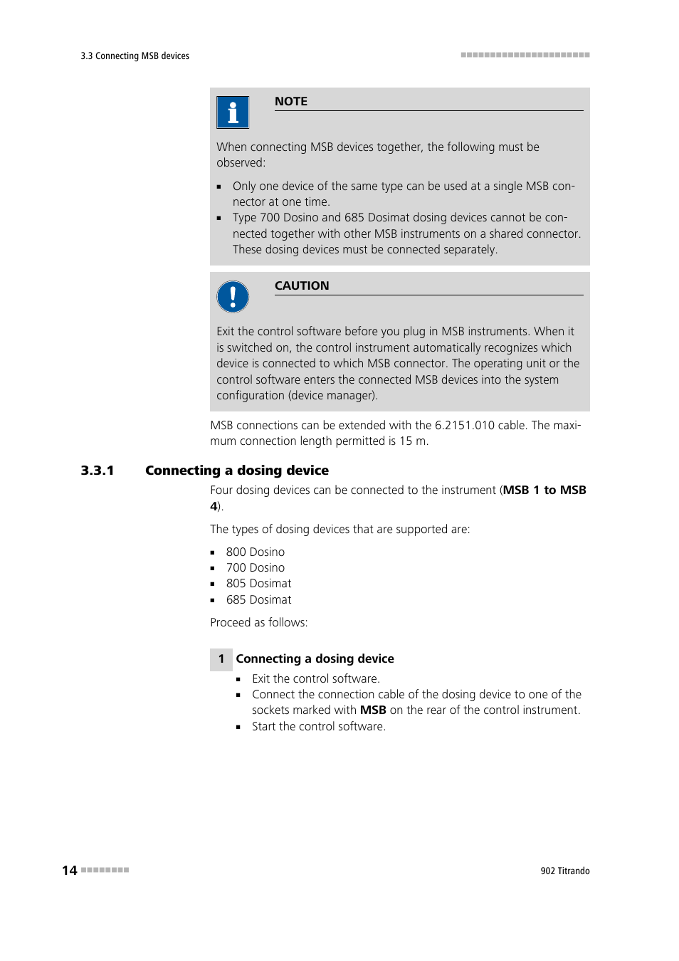 1 connecting a dosing device, Connecting a dosing device | Metrohm 902 Titrando User Manual | Page 22 / 52