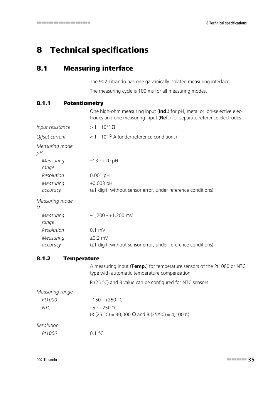 8 technical specifications, 1 measuring interface, 1 potentiometry | 2 temperature, Measuring interface, Potentiometry, Temperature | Metrohm 902 Titrando User Manual | Page 43 / 52
