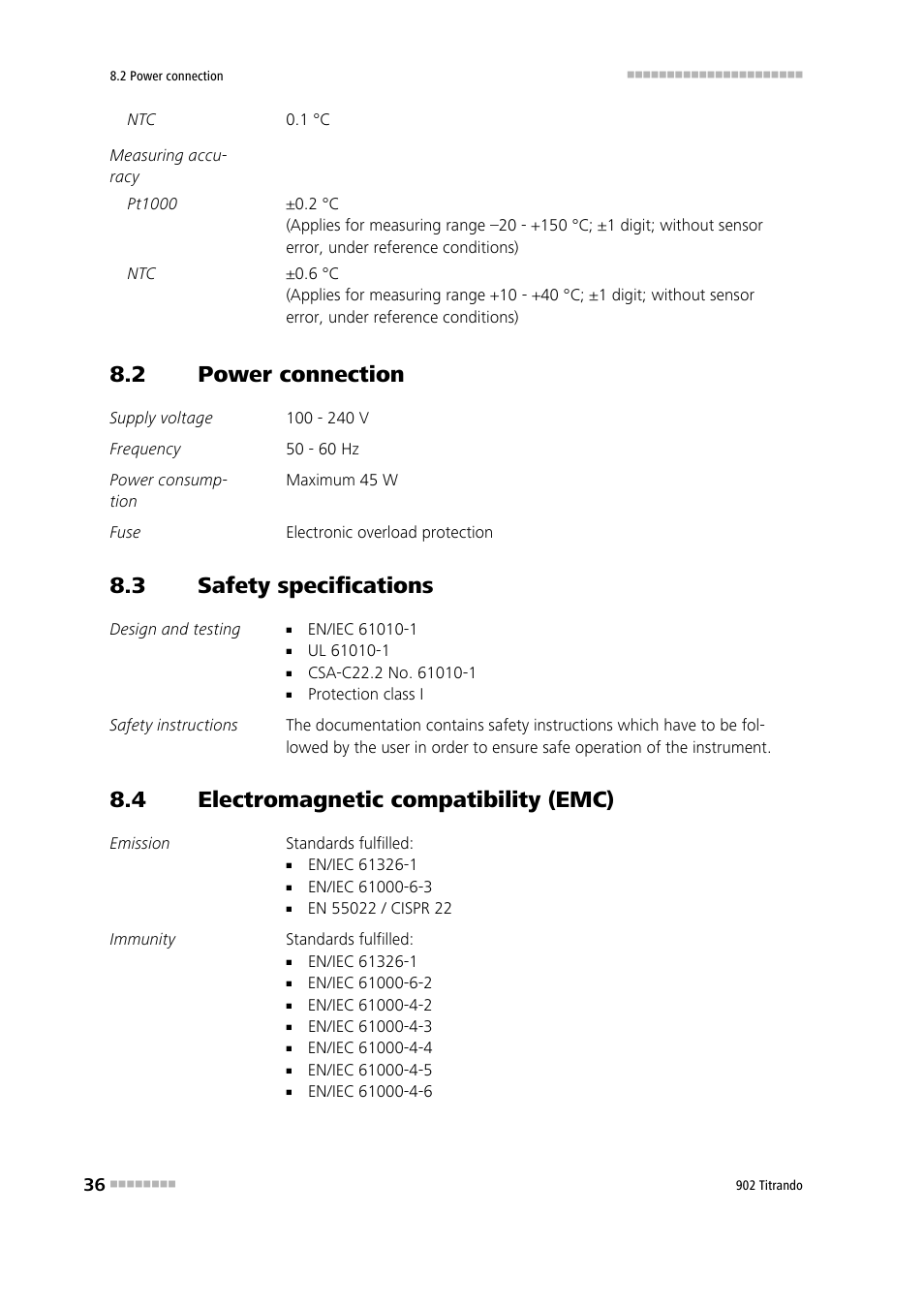 2 power connection, 3 safety specifications, 4 electromagnetic compatibility (emc) | Power connection, Safety specifications, Electromagnetic compatibility (emc) | Metrohm 902 Titrando User Manual | Page 44 / 52