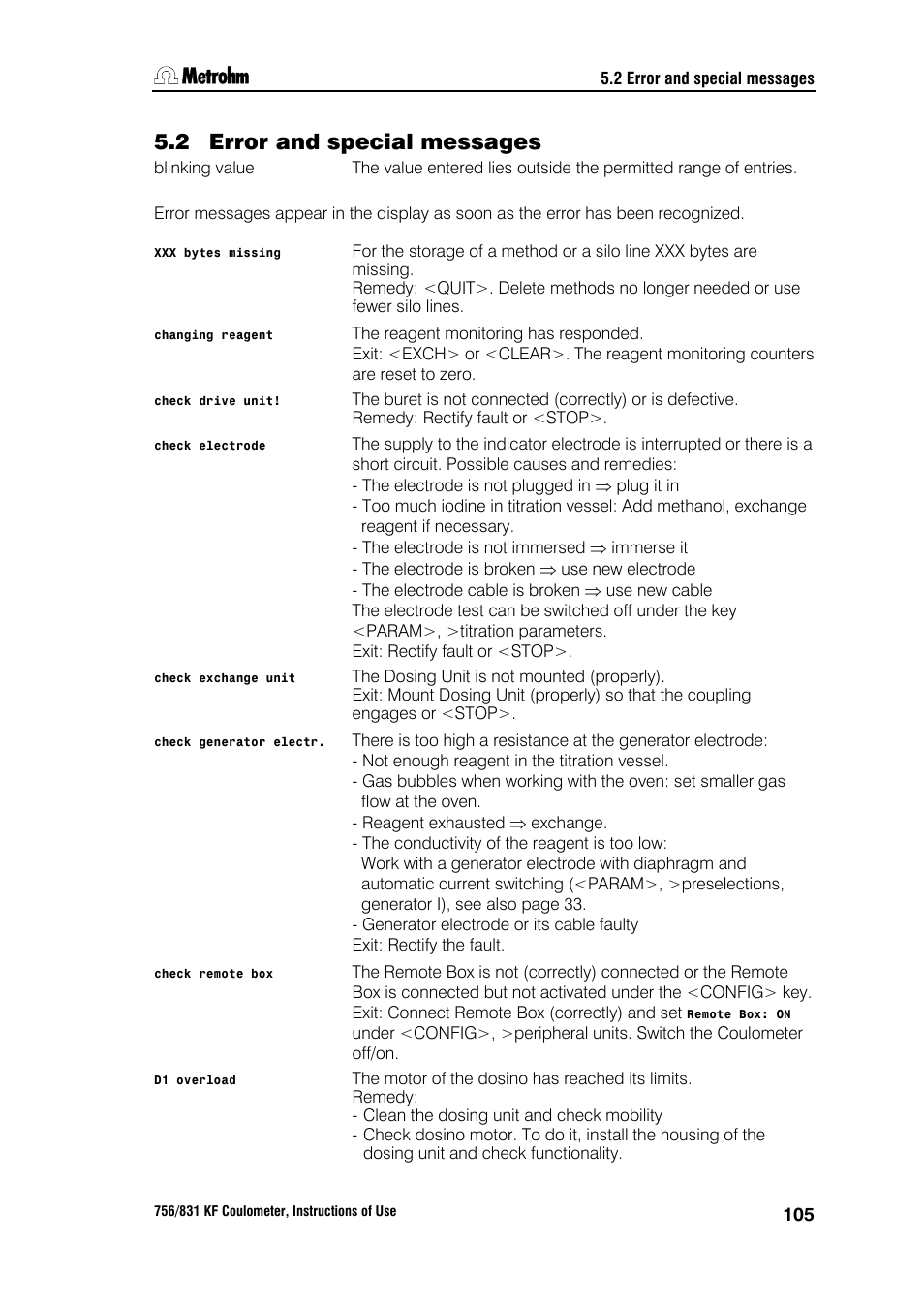2 error and special messages | Metrohm 756 KF Coulometer User Manual | Page 113 / 163