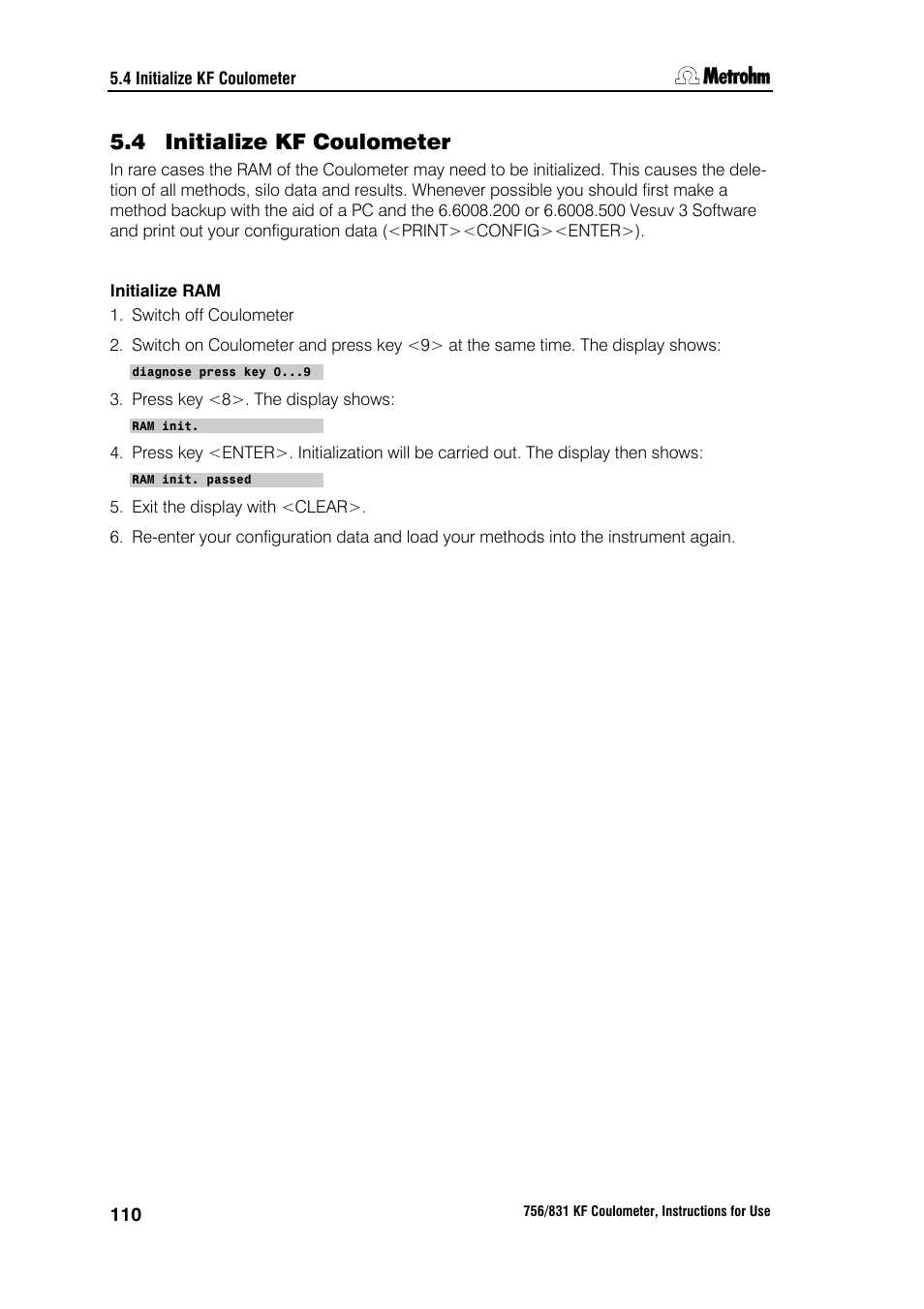 4 initialize kf coulometer | Metrohm 756 KF Coulometer User Manual | Page 118 / 163