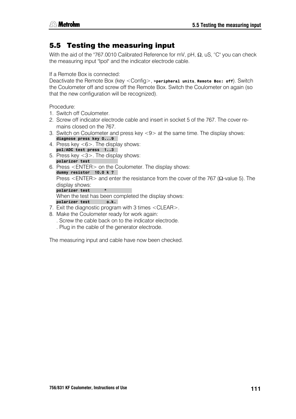 5 testing the measuring input | Metrohm 756 KF Coulometer User Manual | Page 119 / 163