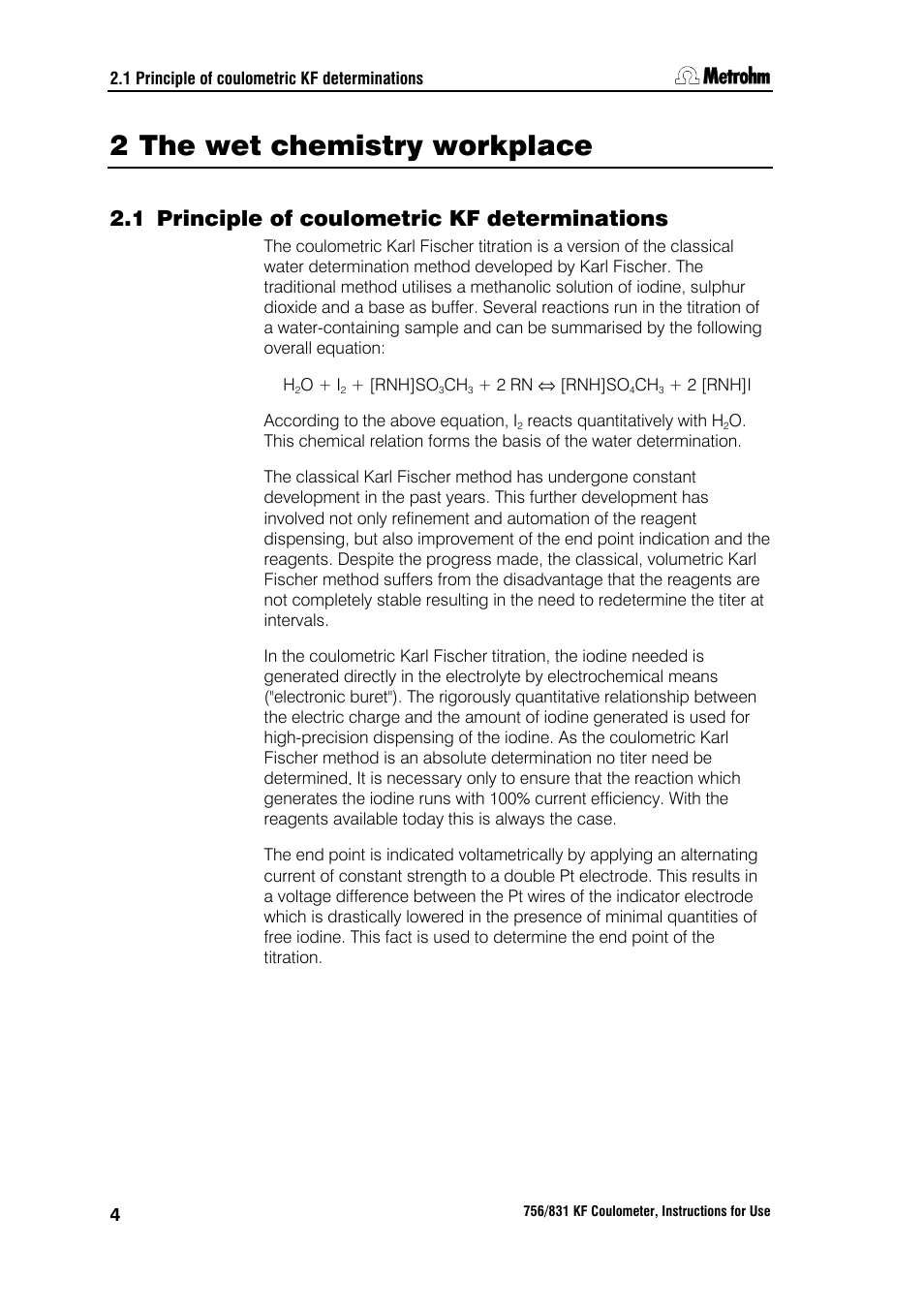 2 the wet chemistry workplace, 1 principle of coulometric kf determinations | Metrohm 756 KF Coulometer User Manual | Page 12 / 163