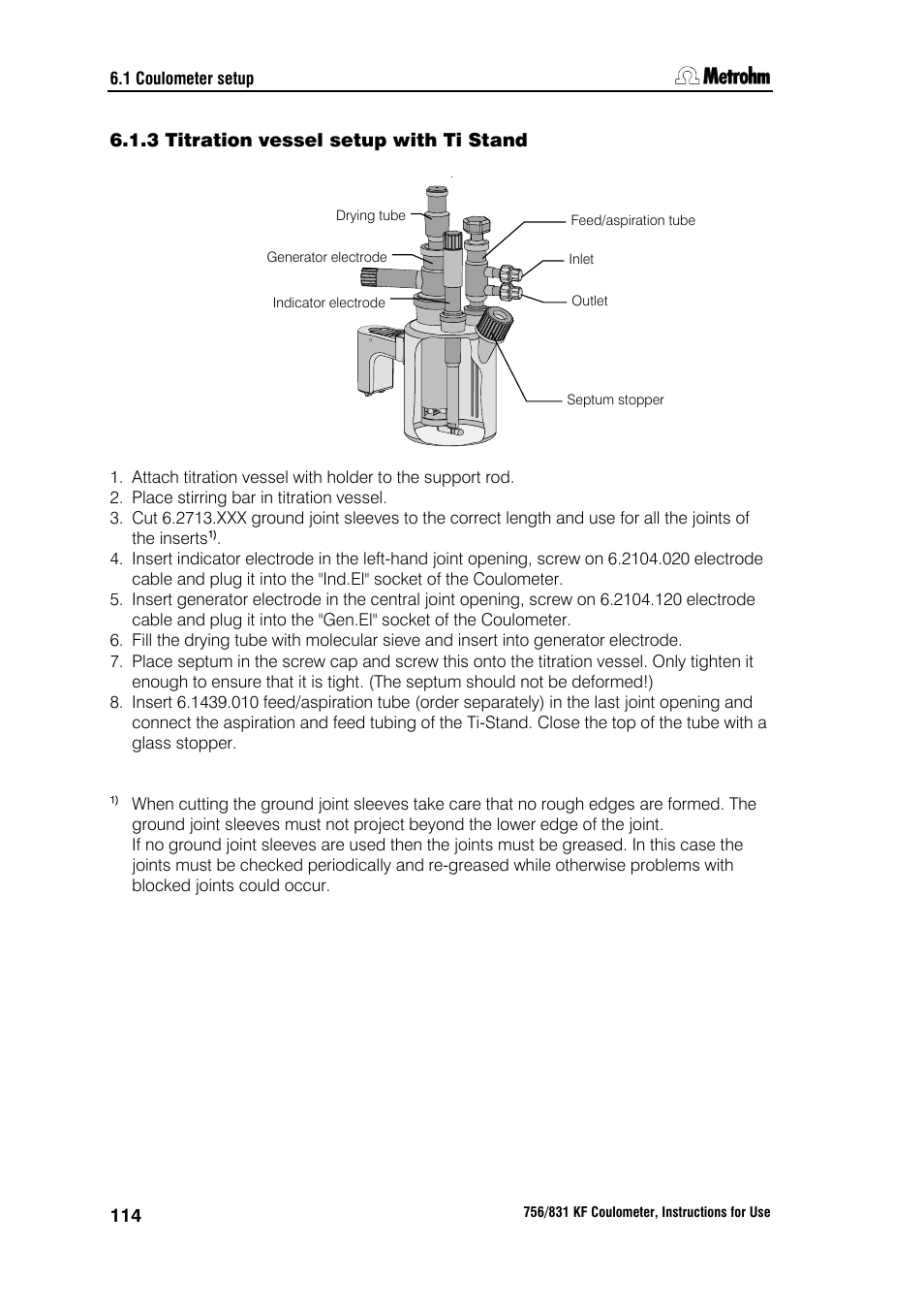 3 titration vessel setup with ti stand | Metrohm 756 KF Coulometer User Manual | Page 122 / 163