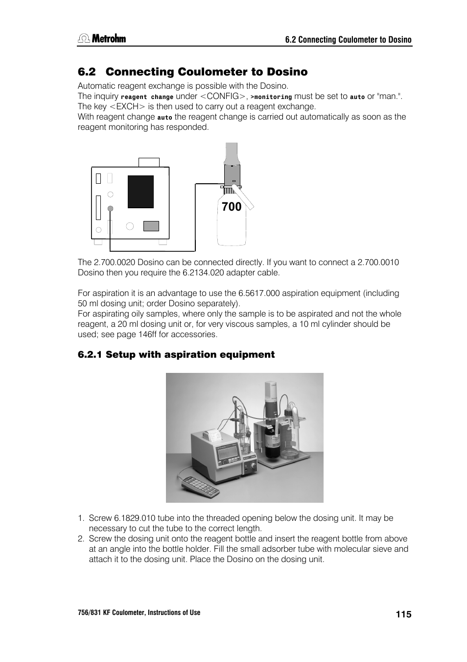 2 connecting coulometer to dosino, 1 setup with aspiration equipment | Metrohm 756 KF Coulometer User Manual | Page 123 / 163