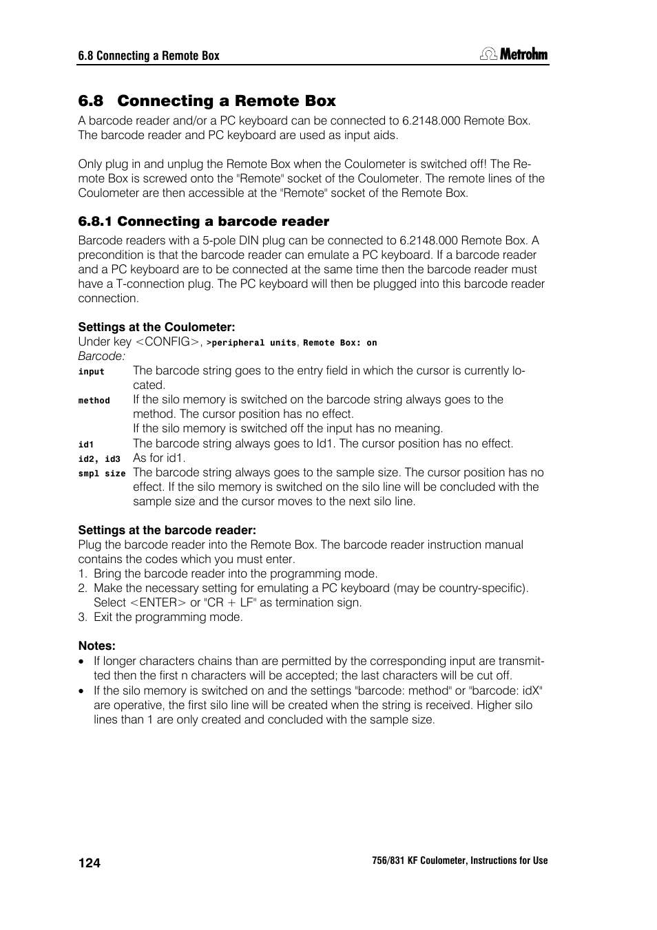 8 connecting a remote box, 1 connecting a barcode reader | Metrohm 756 KF Coulometer User Manual | Page 132 / 163
