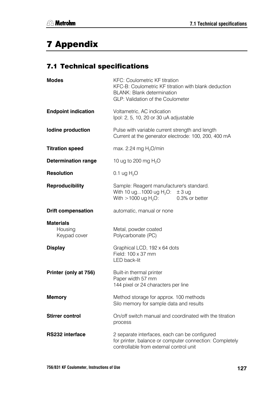 7 appendix, 1 technical specifications | Metrohm 756 KF Coulometer User Manual | Page 135 / 163