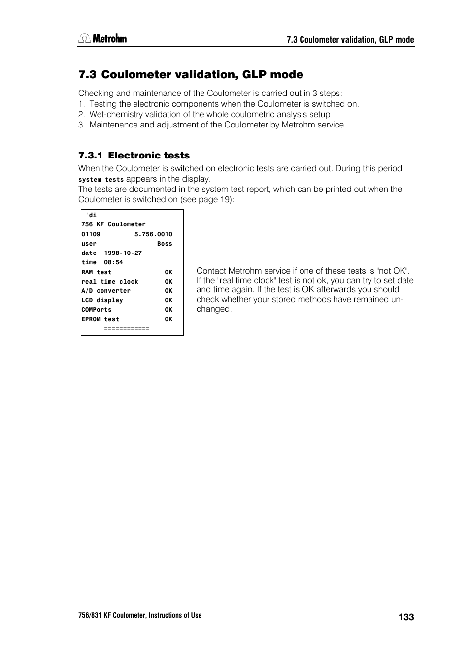 3 coulometer validation, glp mode, 1 electronic tests | Metrohm 756 KF Coulometer User Manual | Page 141 / 163