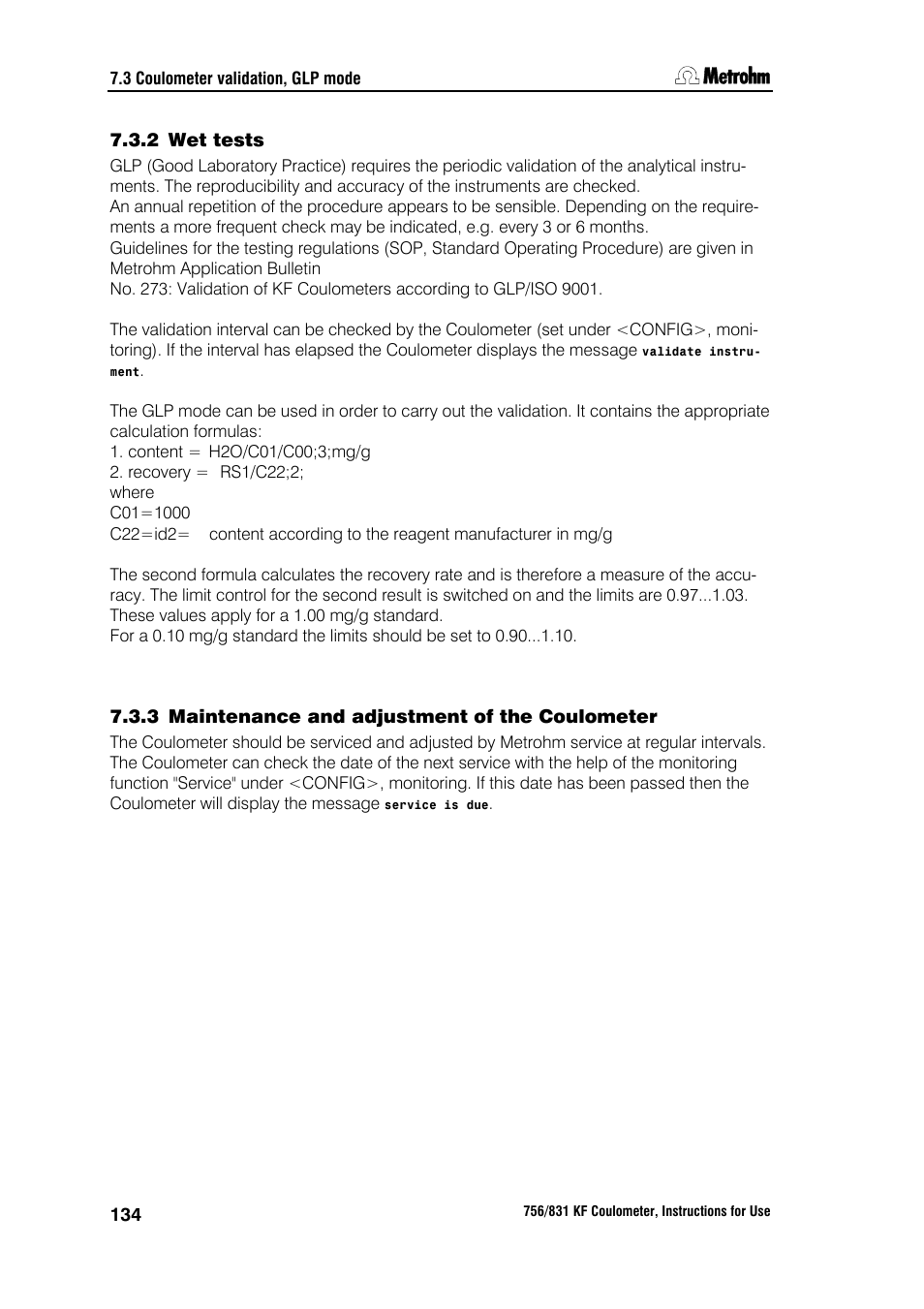 2 wet tests, 3 maintenance and adjustment of the coulometer | Metrohm 756 KF Coulometer User Manual | Page 142 / 163