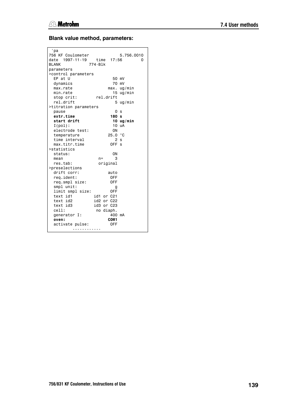 4 user methods, Blank value method, parameters | Metrohm 756 KF Coulometer User Manual | Page 147 / 163