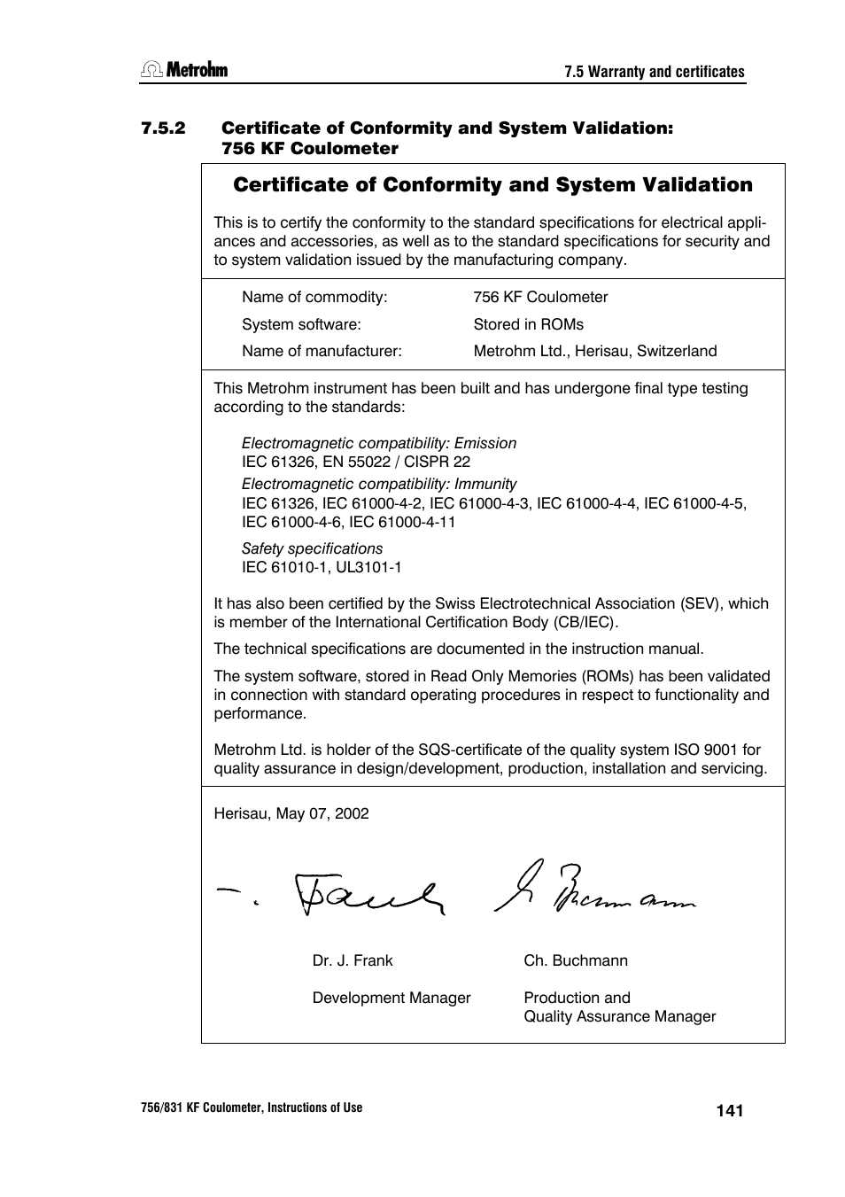 Certificate of conformity and system validation | Metrohm 756 KF Coulometer User Manual | Page 149 / 163