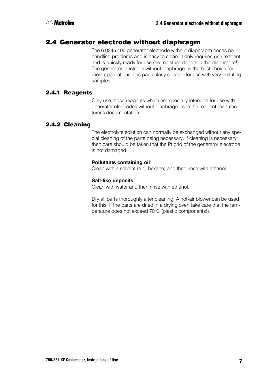 4 generator electrode without diaphragm, 1 reagents, 2 cleaning | Metrohm 756 KF Coulometer User Manual | Page 15 / 163
