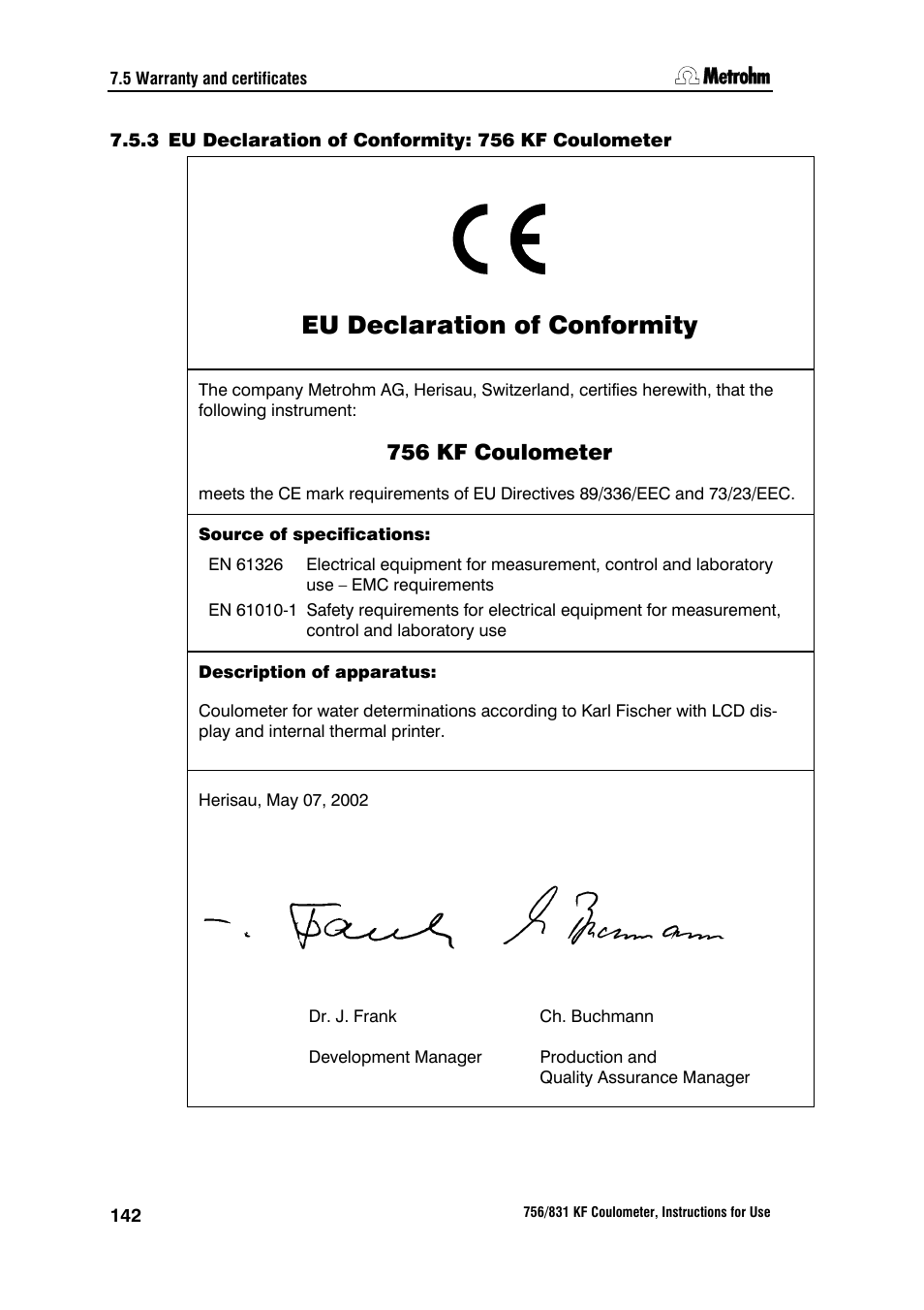 3 eu declaration of conformity: 756 kf coulometer, Eu declaration of conformity, 756 kf coulometer | Metrohm 756 KF Coulometer User Manual | Page 150 / 163