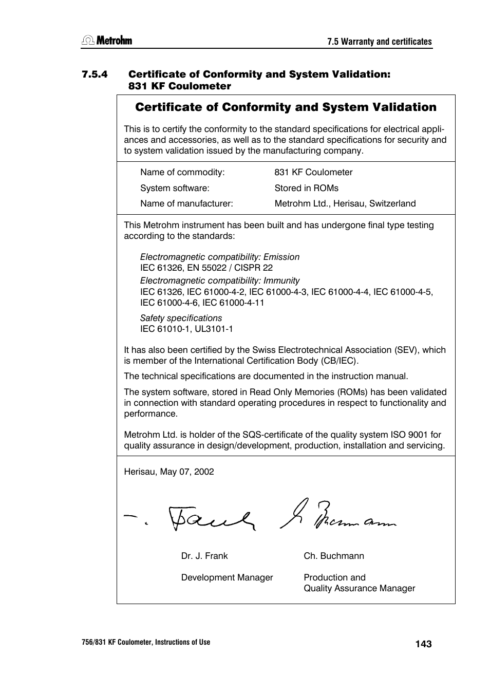 Certificate of conformity and system validation | Metrohm 756 KF Coulometer User Manual | Page 151 / 163