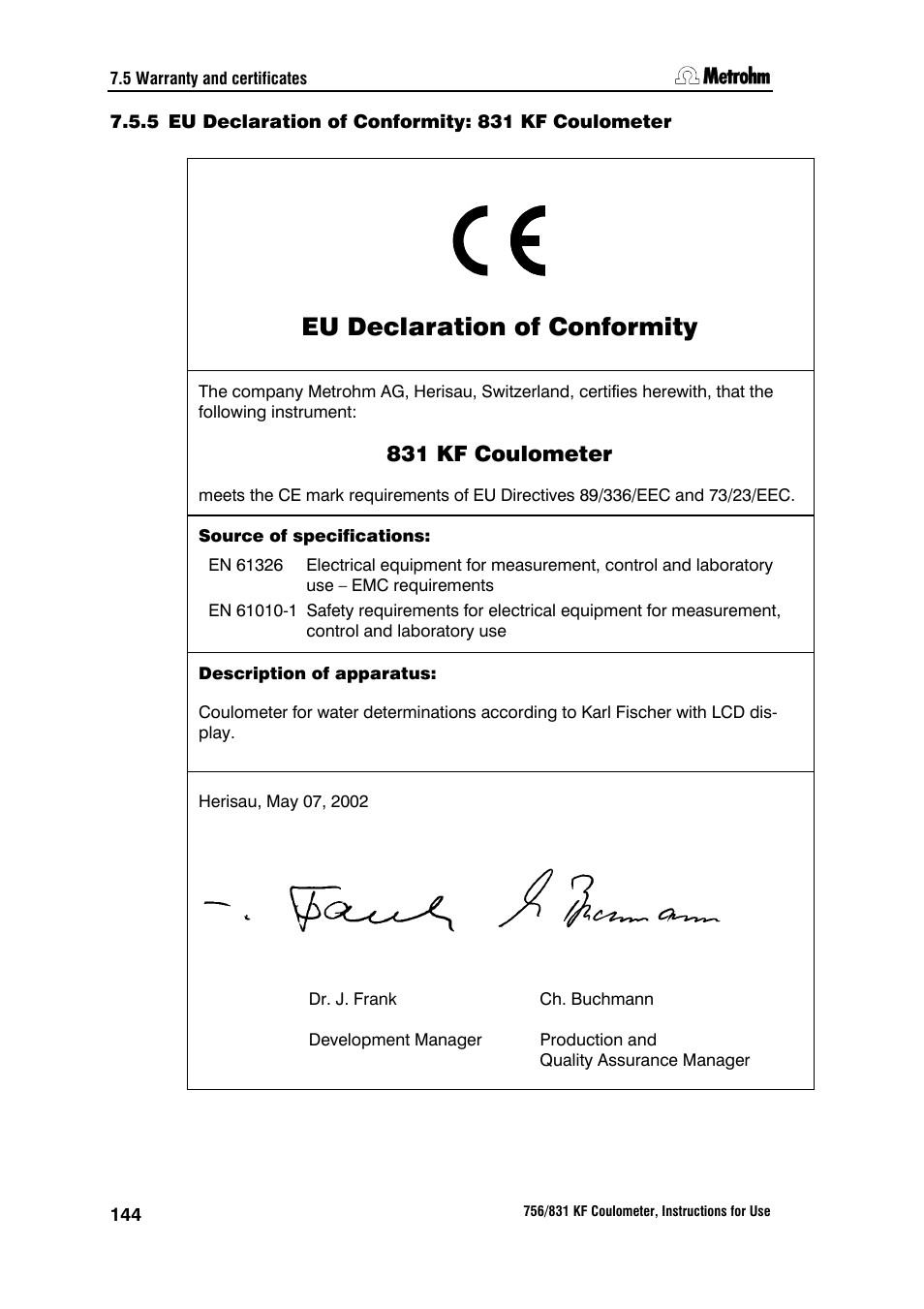 5 eu declaration of conformity: 831 kf coulometer, Eu declaration of conformity, 831 kf coulometer | Metrohm 756 KF Coulometer User Manual | Page 152 / 163