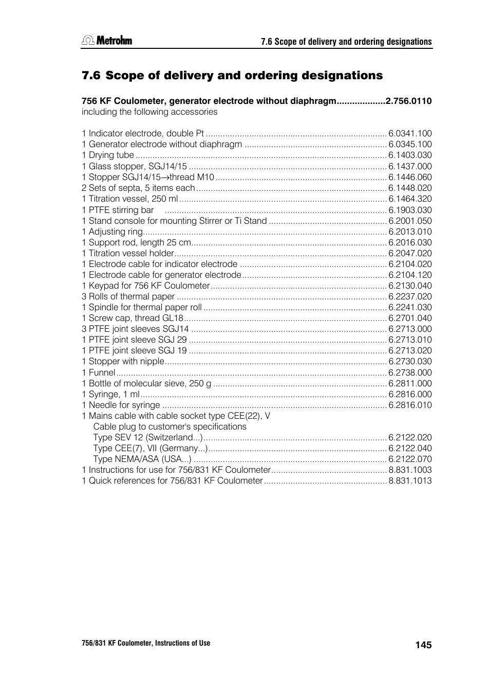 6 scope of delivery and ordering designations | Metrohm 756 KF Coulometer User Manual | Page 153 / 163