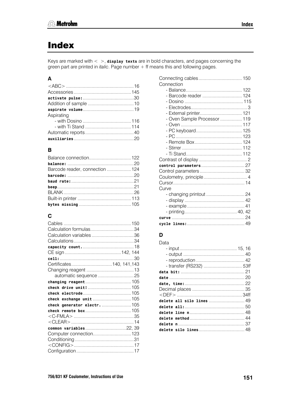 Index | Metrohm 756 KF Coulometer User Manual | Page 159 / 163