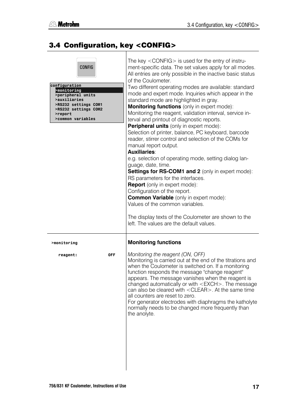 4 configuration, key <config | Metrohm 756 KF Coulometer User Manual | Page 25 / 163