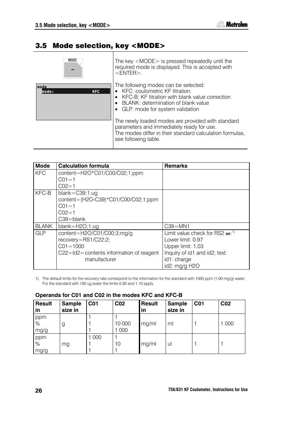 5 mode selection, key <mode | Metrohm 756 KF Coulometer User Manual | Page 34 / 163