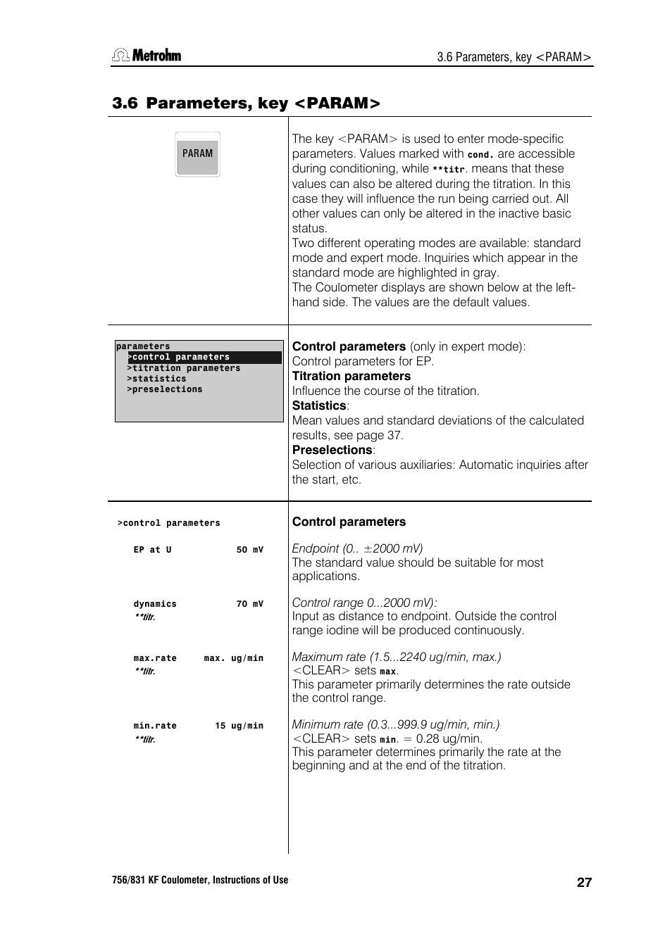 6 parameters, key <param | Metrohm 756 KF Coulometer User Manual | Page 35 / 163