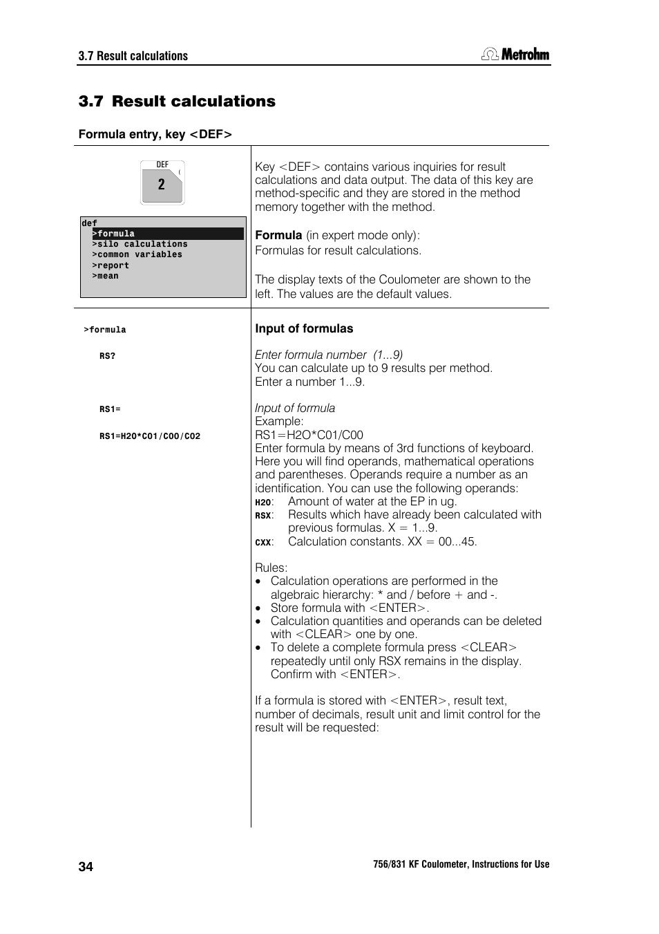 7 result calculations | Metrohm 756 KF Coulometer User Manual | Page 42 / 163
