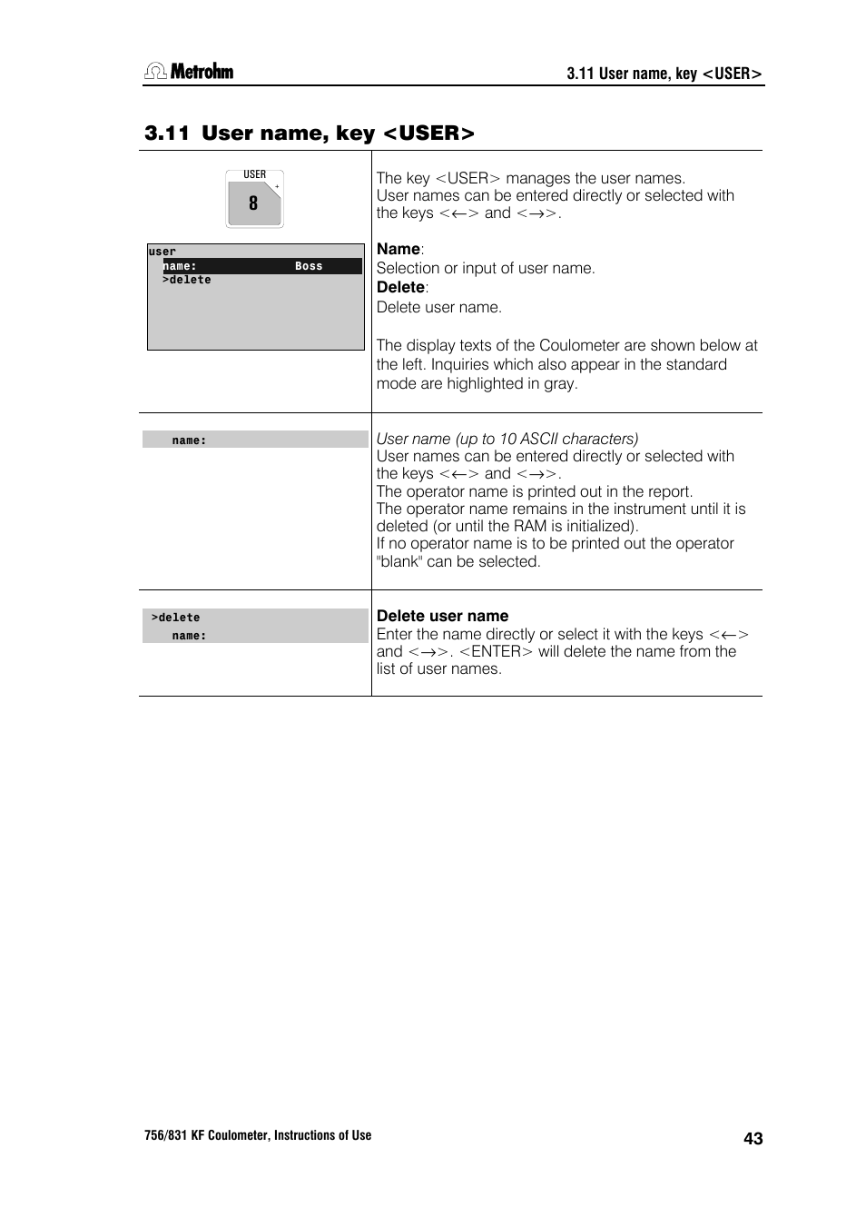 11 user name, key <user | Metrohm 756 KF Coulometer User Manual | Page 51 / 163
