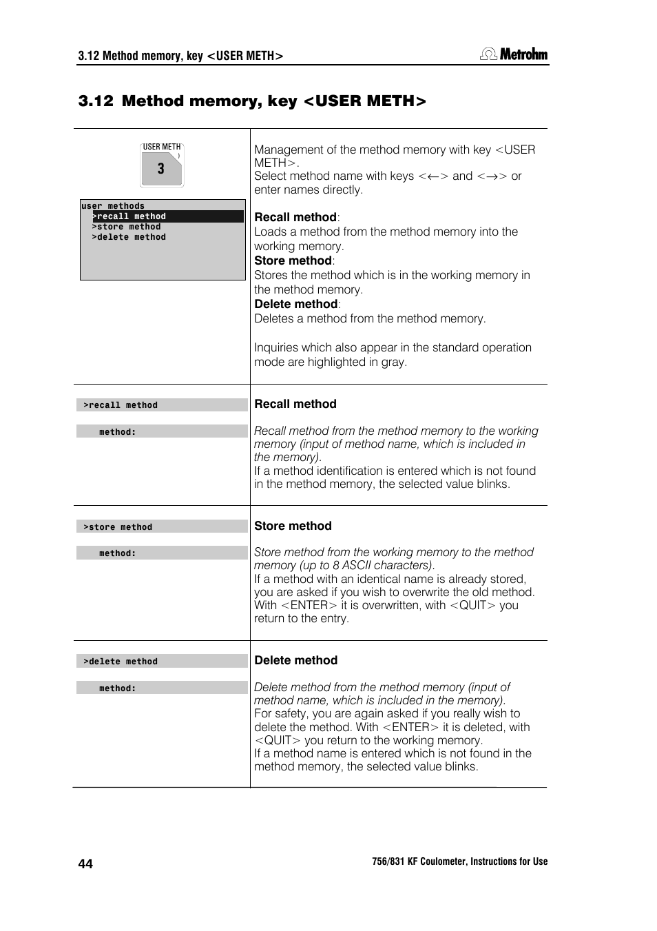 12 method memory, key <user meth | Metrohm 756 KF Coulometer User Manual | Page 52 / 163