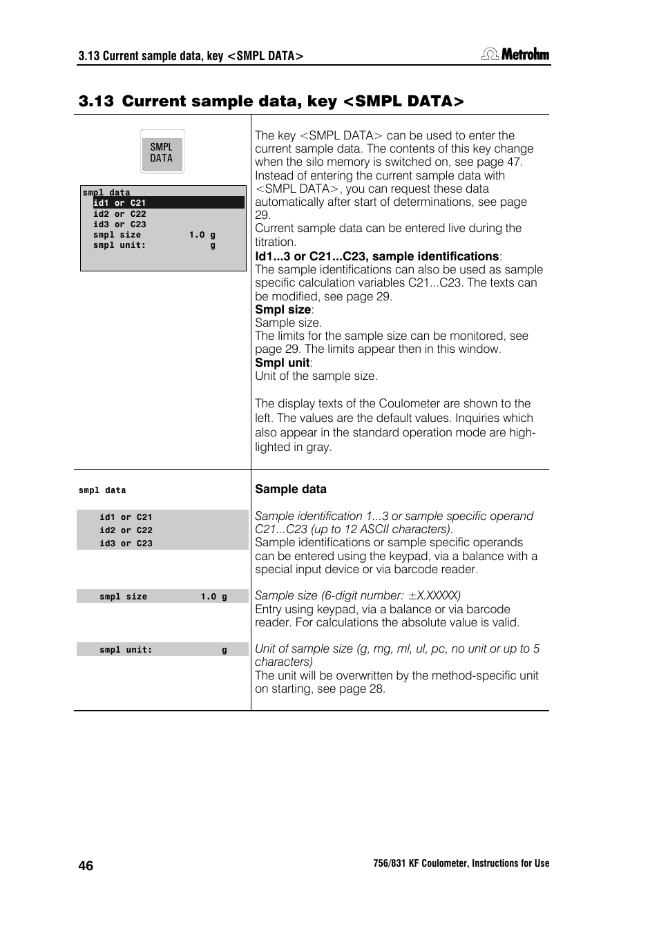 13 current sample data, key <smpl data | Metrohm 756 KF Coulometer User Manual | Page 54 / 163