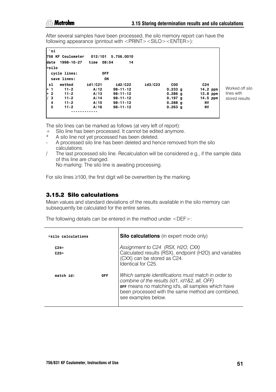 2 silo calculations | Metrohm 756 KF Coulometer User Manual | Page 59 / 163