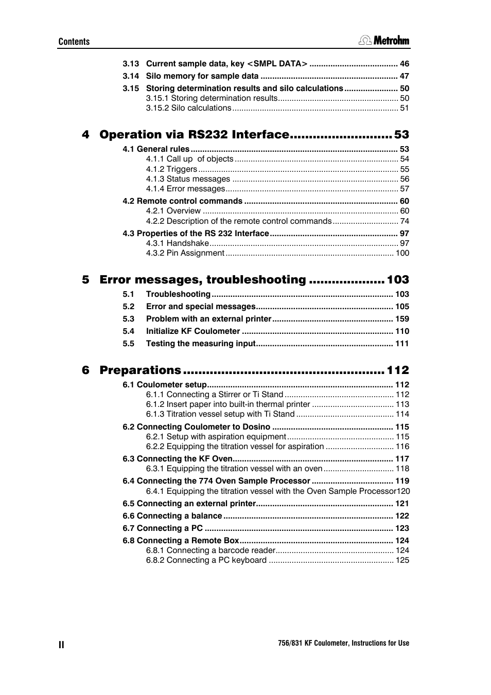 4 operation via rs232 interface, 5 error messages, troubleshooting, 6 preparations | Metrohm 756 KF Coulometer User Manual | Page 6 / 163